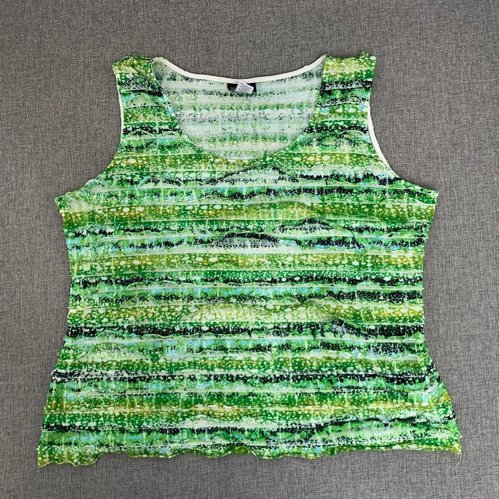 Lark Lane Green Sleeveless TopTextured Ruffled XL Abstract Art Print Blue Black‎